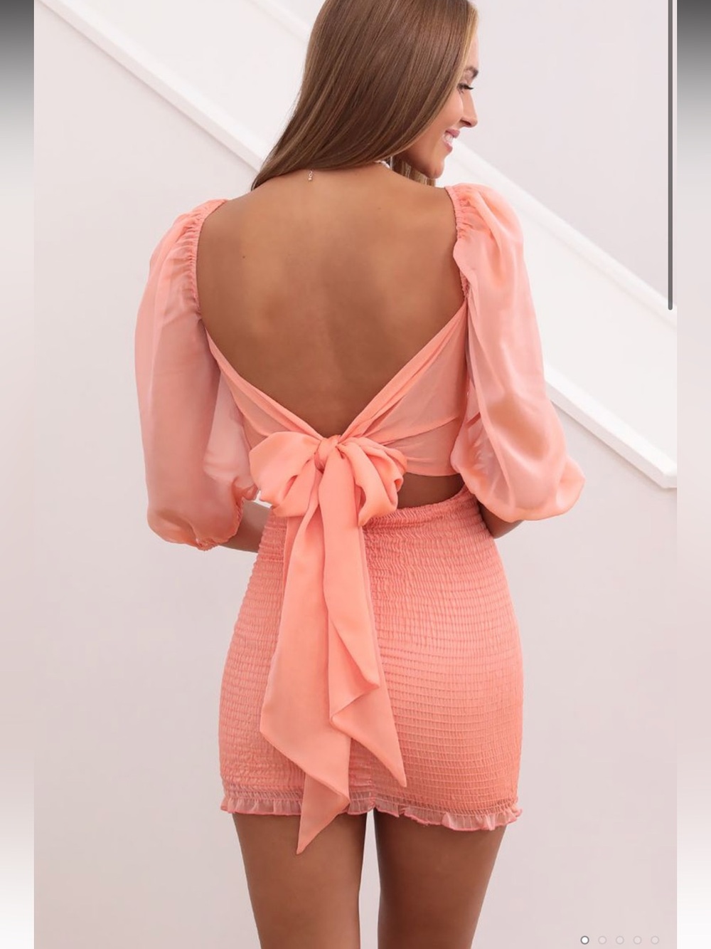 Lucy in the Sky Smocked Chiffon Mini Dress in Peach size Small